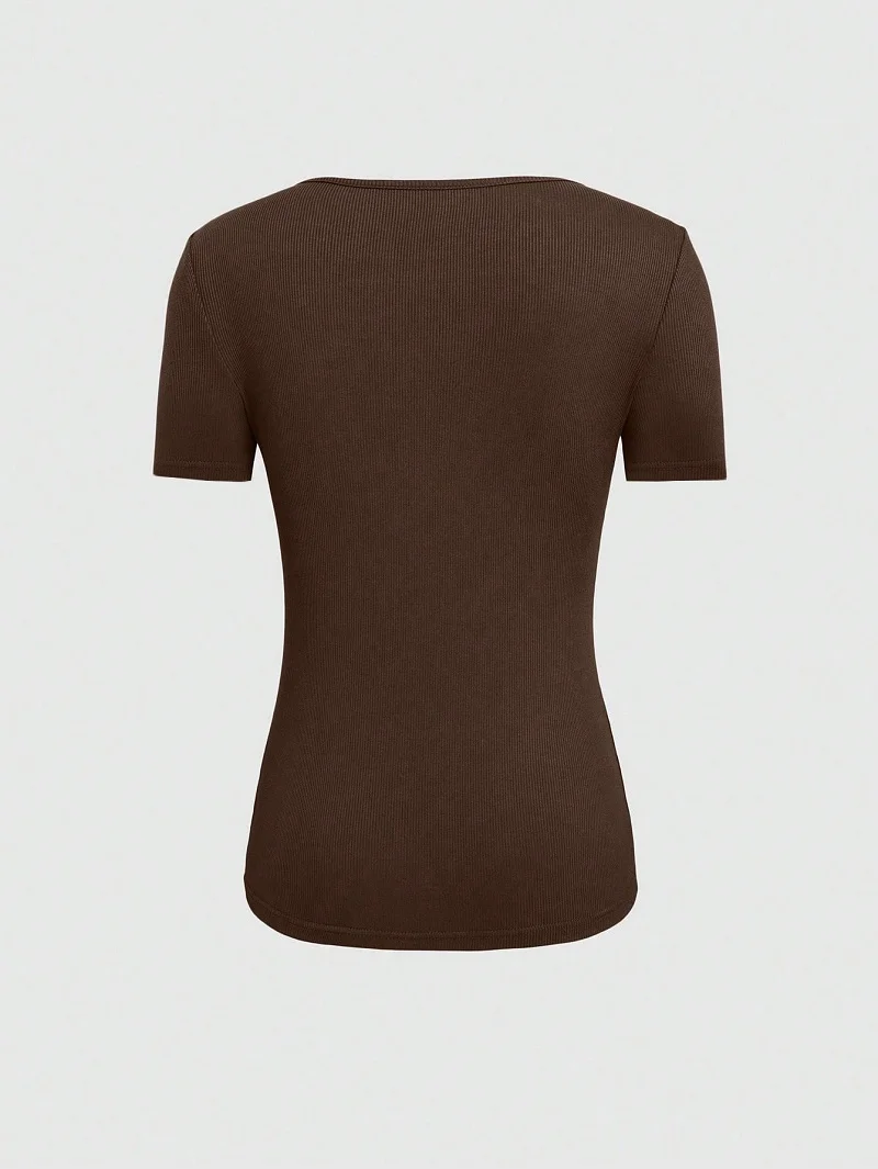 2024 European And American Summer Cross-Border New Women's Round Neck Chest Open Short Sleeve T-shirt
