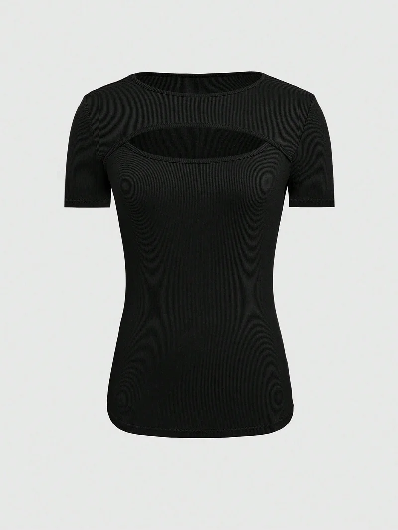 2024 European And American Summer Cross-Border New Women's Round Neck Chest Open Short Sleeve T-shirt