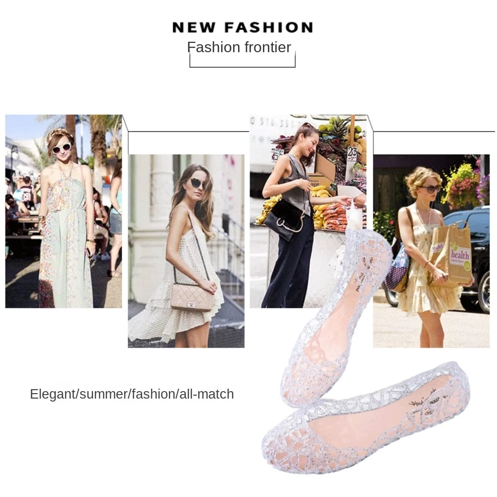 Casual Flat-soled Women Sandals Hollow Out Clear Beach Jelly Shoes Breathable Shallow Mouth Bling Sandals Ladies
