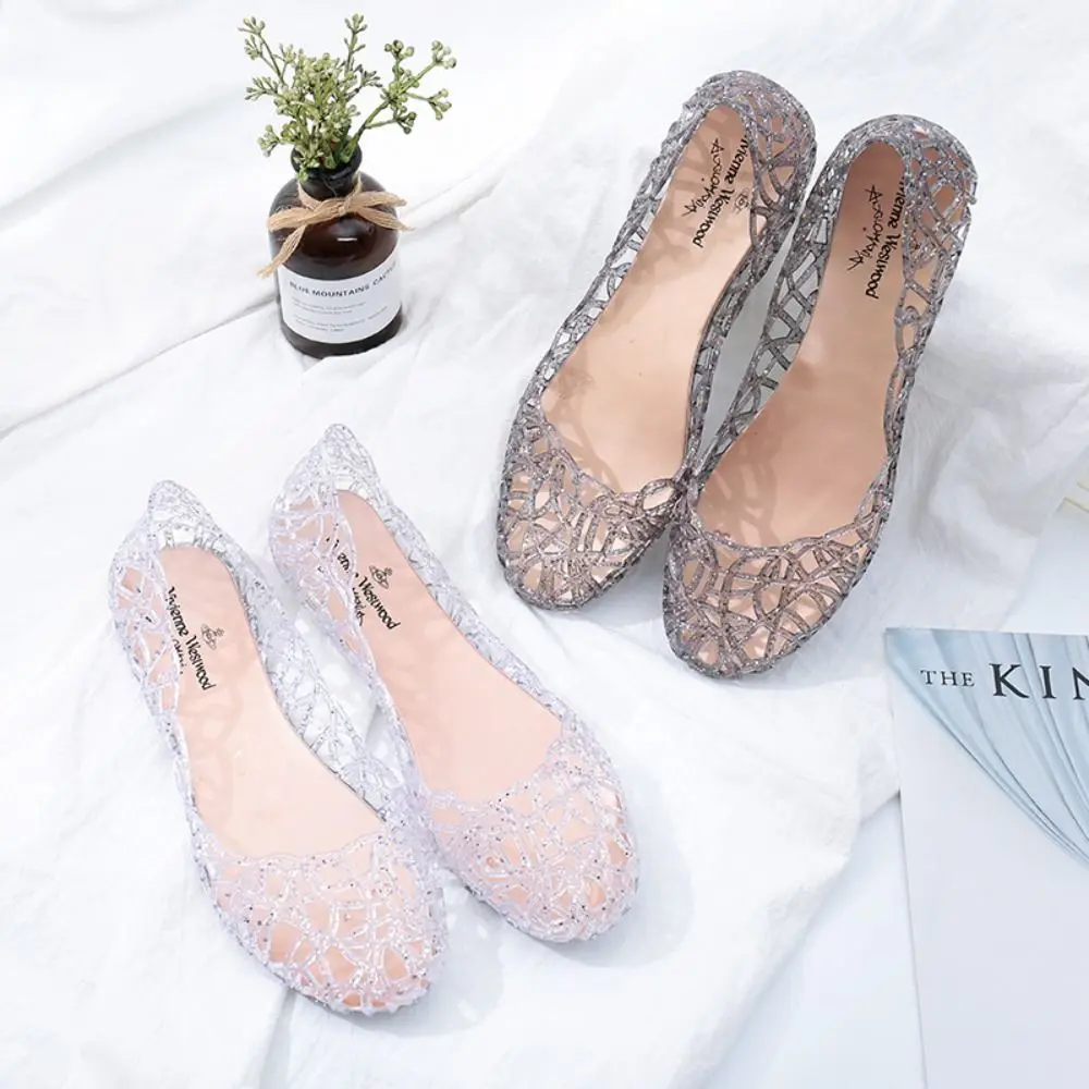 Casual Flat-soled Women Sandals Hollow Out Clear Beach Jelly Shoes Breathable Shallow Mouth Bling Sandals Ladies