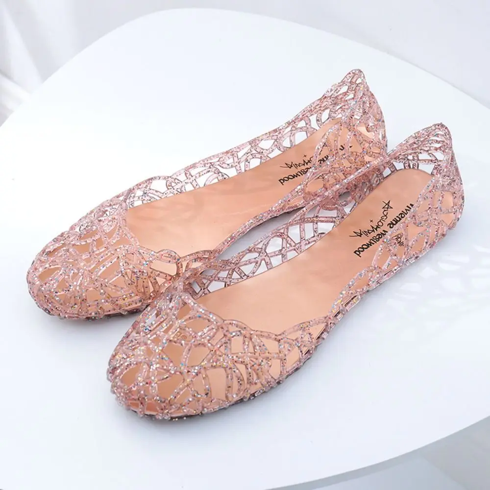 Casual Flat-soled Women Sandals Hollow Out Clear Beach Jelly Shoes Breathable Shallow Mouth Bling Sandals Ladies
