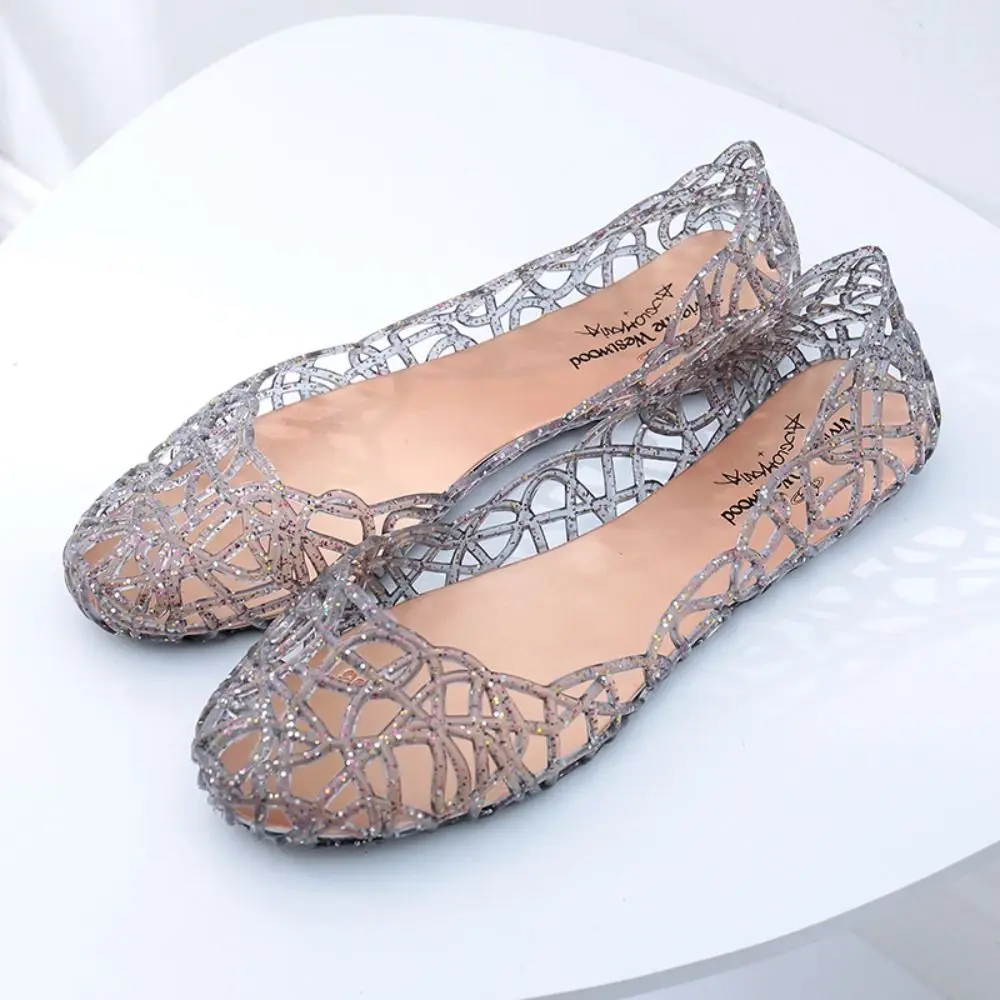 Casual Flat-soled Women Sandals Hollow Out Clear Beach Jelly Shoes Breathable Shallow Mouth Bling Sandals Ladies