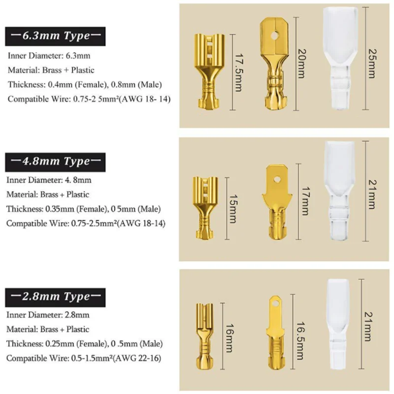 120pcs Box-Packed,Gold/Silver Crimp Terminal,Female 2.8/4.8/6.3mm No Male,Wire Connector,Electrical Terminals