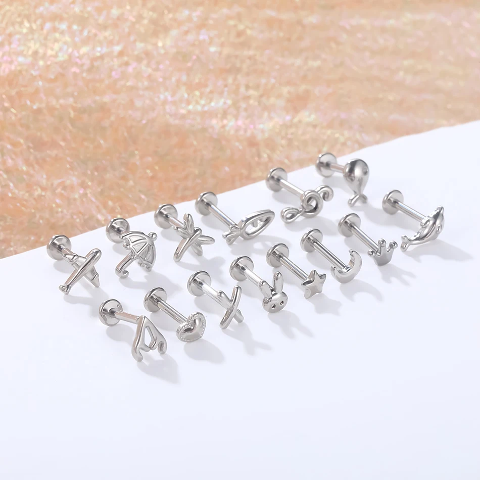 1PC Steel Moon Lighting Labret Bar Rings Crystal Flower Tragus Cartilage Piercing Rook Lobe Ear Helix Piercing Screw Fit Top 16g