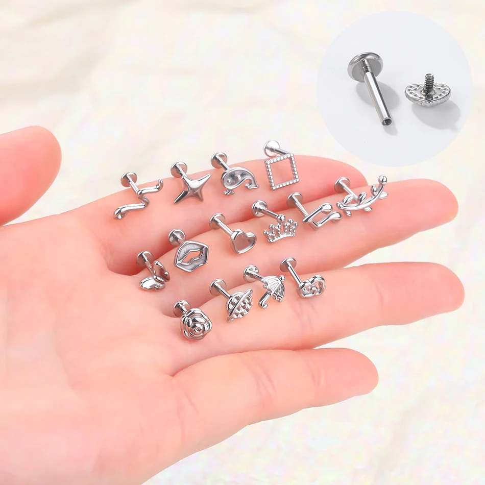 1PC Steel Moon Lighting Labret Bar Rings Crystal Flower Tragus Cartilage Piercing Rook Lobe Ear Helix Piercing Screw Fit Top 16g