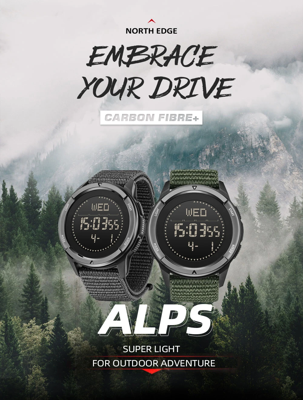 NORTH EDGE ALPS Men's Digital Carbon Fiber Watch Shock Militray Sports Super Light Outdoor Compass Waterproof 50M Wristwatches