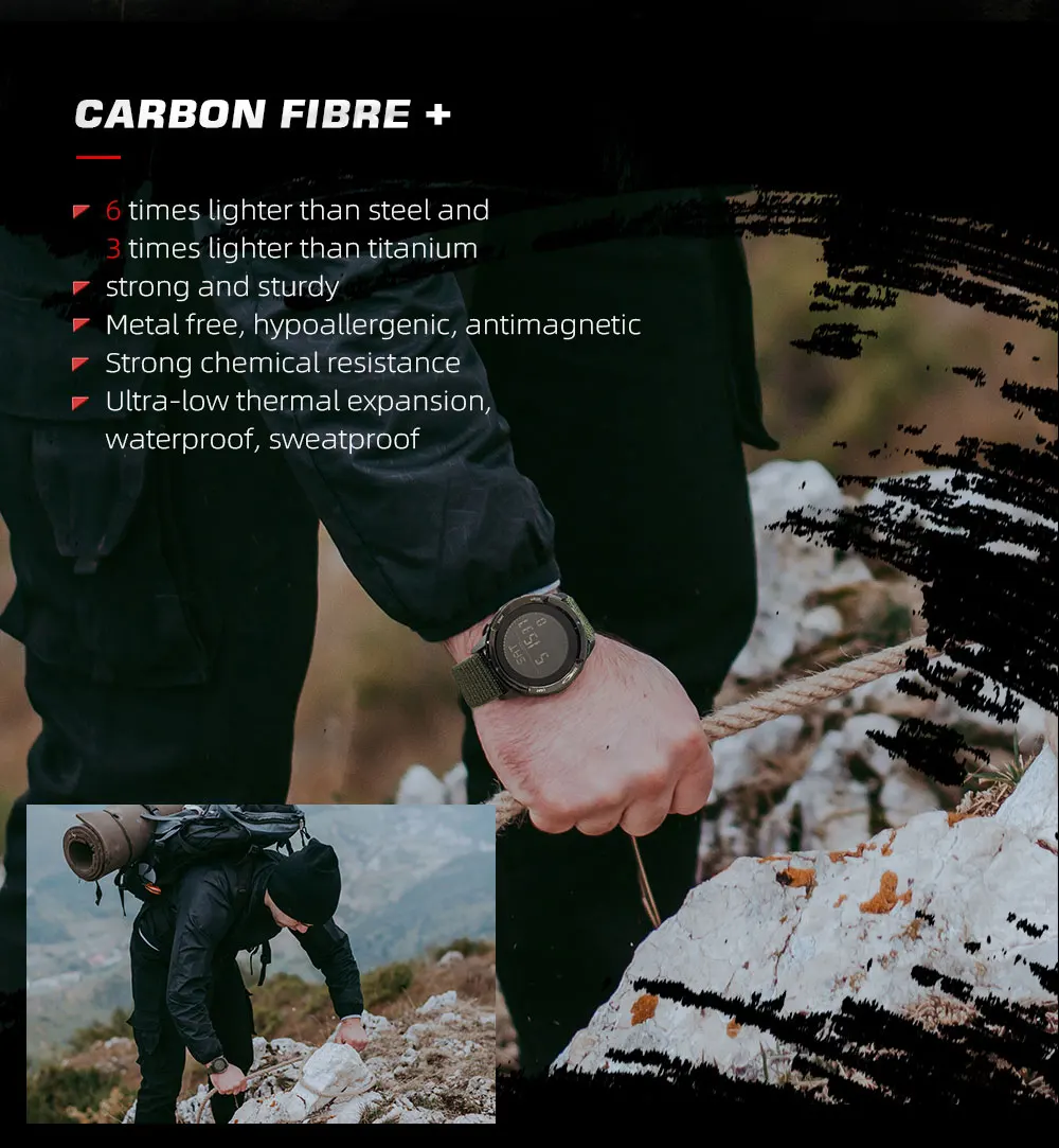 NORTH EDGE ALPS Men's Digital Carbon Fiber Watch Shock Militray Sports Super Light Outdoor Compass Waterproof 50M Wristwatches