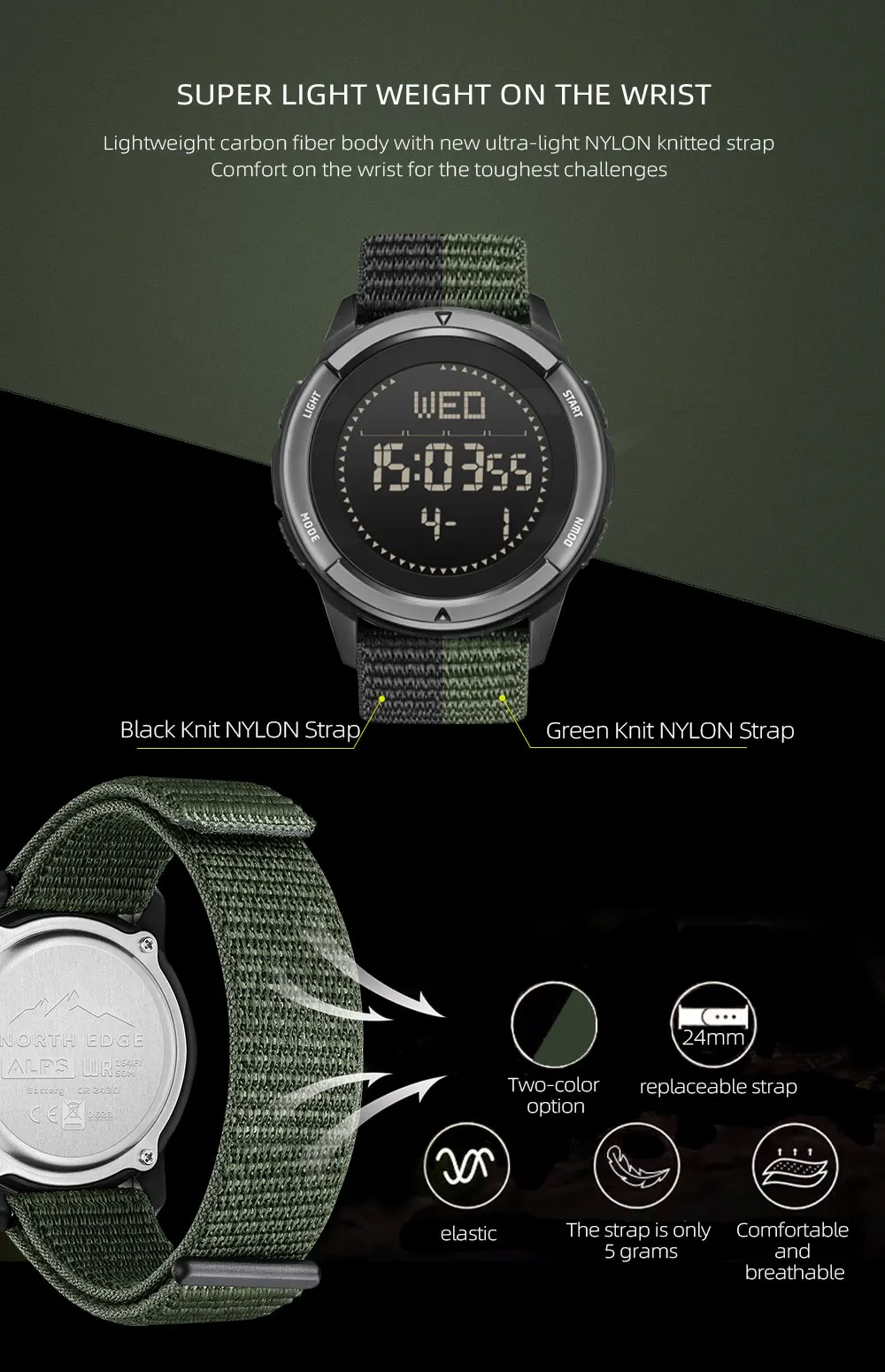 NORTH EDGE ALPS Men's Digital Carbon Fiber Watch Shock Militray Sports Super Light Outdoor Compass Waterproof 50M Wristwatches