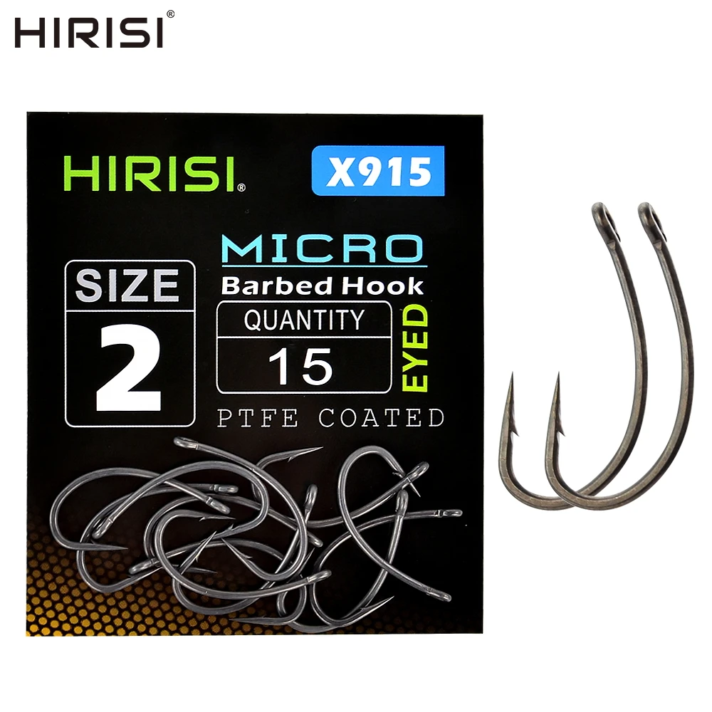 Hirisi 15x Carp Fishing Hooks With Eye Micro Barb High Carbon Steel Fish Hooks PTFE Coated Fishing Accessories X915