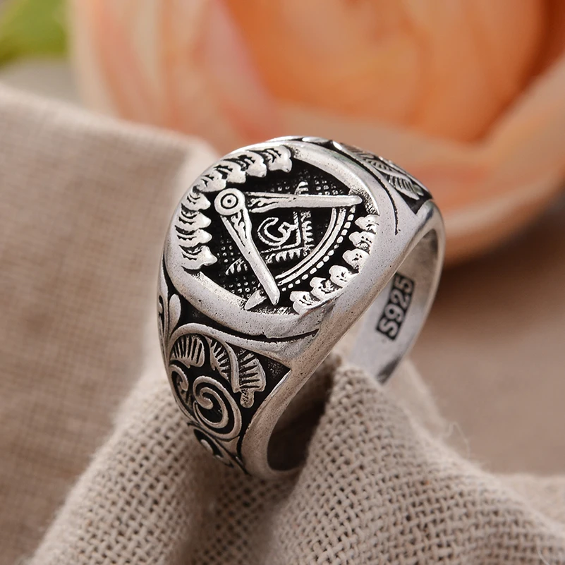 Original Design Freemason Logo Retro Thai Silver Unisex Rings Promotion Jewelry For Women Men Cheap Gifts