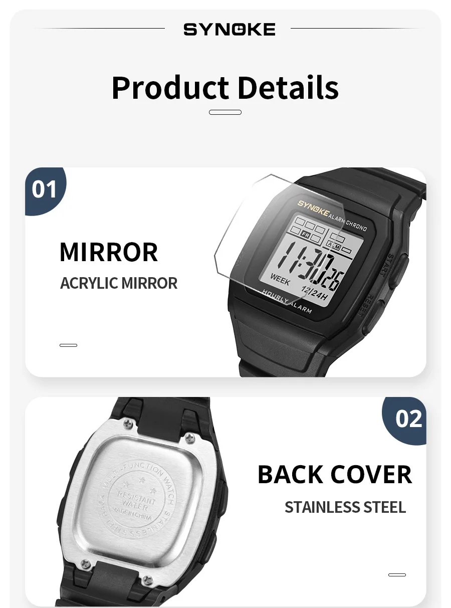 SYNOKE Digital Watch Student Electronic Outdoor Sports Boy Luminous Waterproof MultiFunction Watch Retro Square Watch
