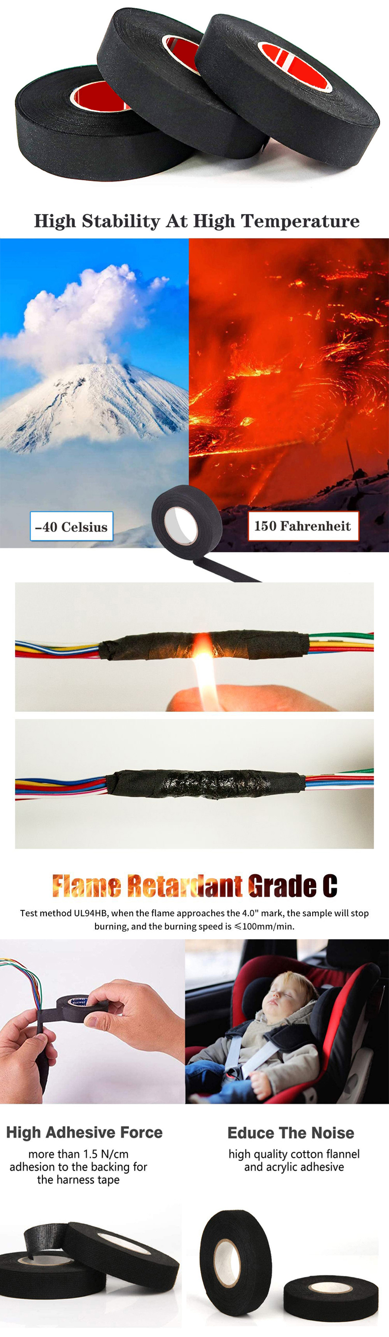 15M Heat-Resistant Flame Retardant Tape Cable Management Coroplast Adhesive Cloth Tapes For Car Harness Wiring Loom Protection