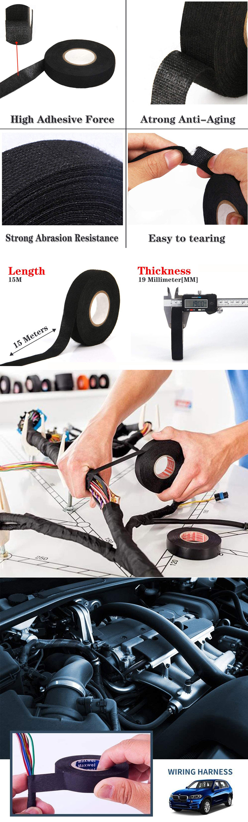 15M Heat-Resistant Flame Retardant Tape Cable Management Coroplast Adhesive Cloth Tapes For Car Harness Wiring Loom Protection