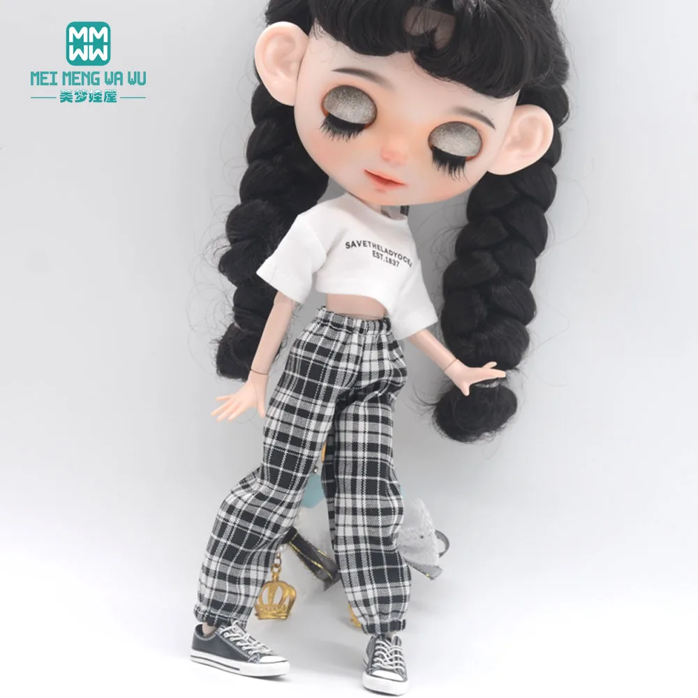 Blyth Clothes Azone OB22 OB24 Doll Accessories Fashion Short T Black White Jeans Plaid Pants Toy Gift