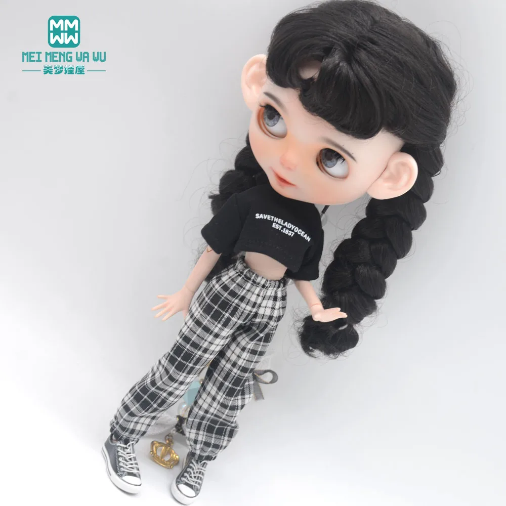 Blyth Clothes Azone OB22 OB24 Doll Accessories Fashion Short T Black White Jeans Plaid Pants Toy Gift