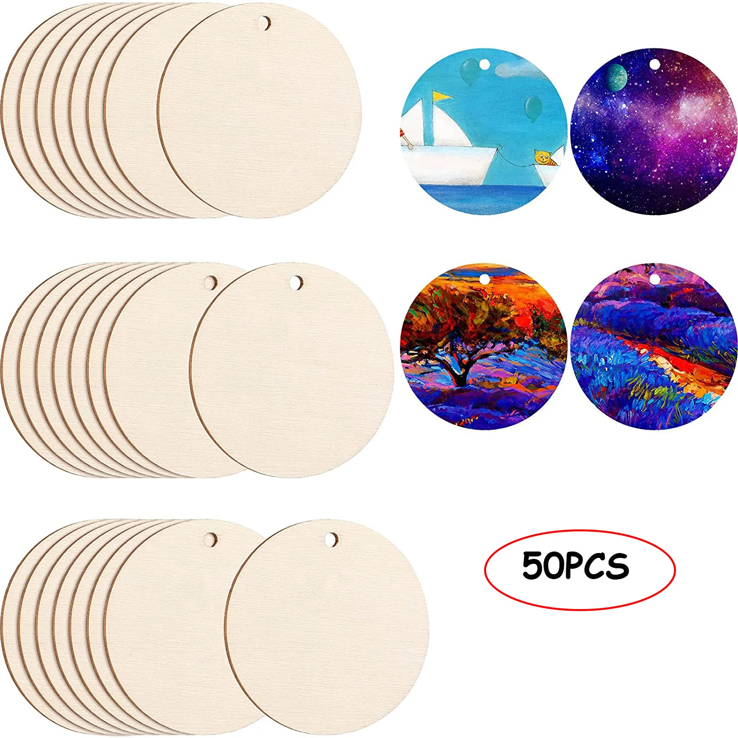 20/30/40/50mm Natural Unfinished Round Wood Slices With Hole,Blank Discs,DIY Crafts Wedding Party Christmas Home Decoration