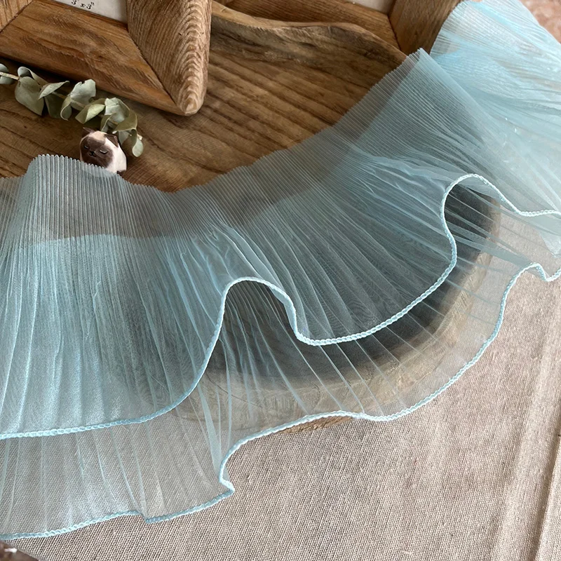 1 Yard Blue Lace Fabric Pleated Mermaid Effect Laser Neon Luster For Christmas Women Dress Festival Decorative 15CM Wide