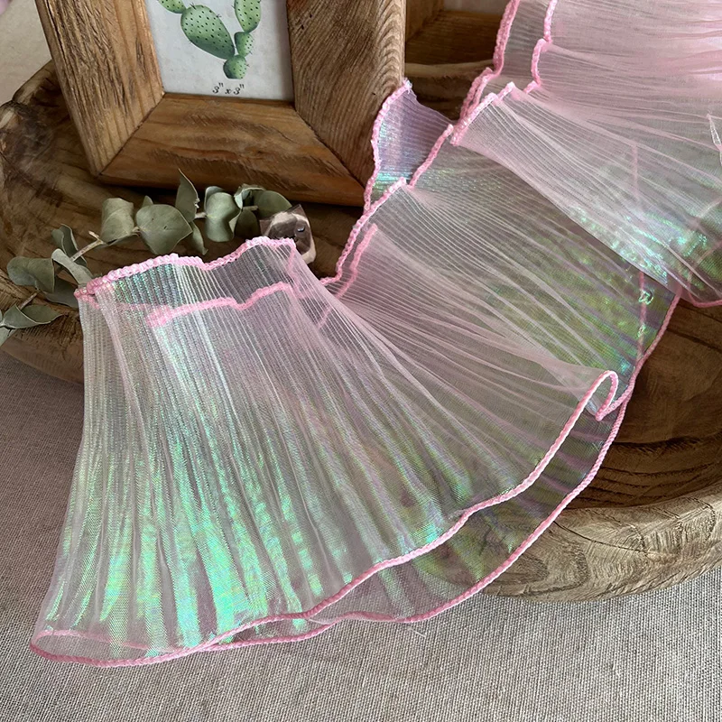 1 Yard Blue Lace Fabric Pleated Mermaid Effect Laser Neon Luster For Christmas Women Dress Festival Decorative 15CM Wide