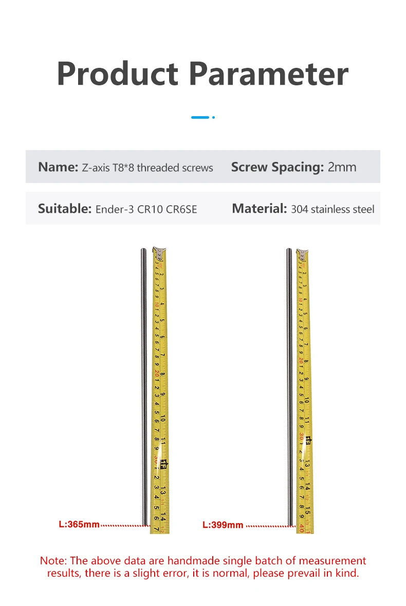 T8*8 Ender 3 Lead Screw Z axis Rod +Brass Nuts Lead 8MM 365/399/400MM for Ender-3 Ender-3 V2 Ender 6 CR-10S CR-10 V2 CR-6 SE I3