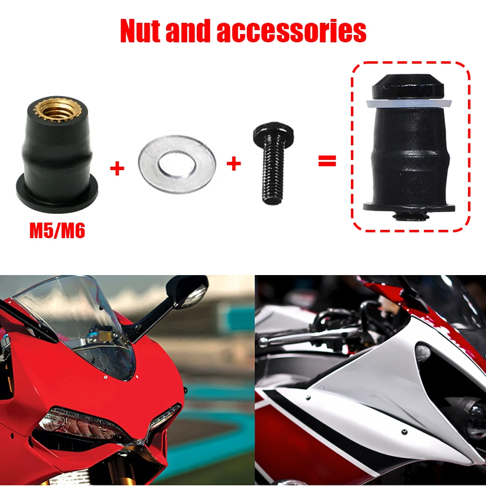 10/30PCS M5 M6 Motorcycle Windscreen Windshield Bolts Screws Metric Rubber Well Nut Fastener For Honda Suzuki Yamaha Kawasaki