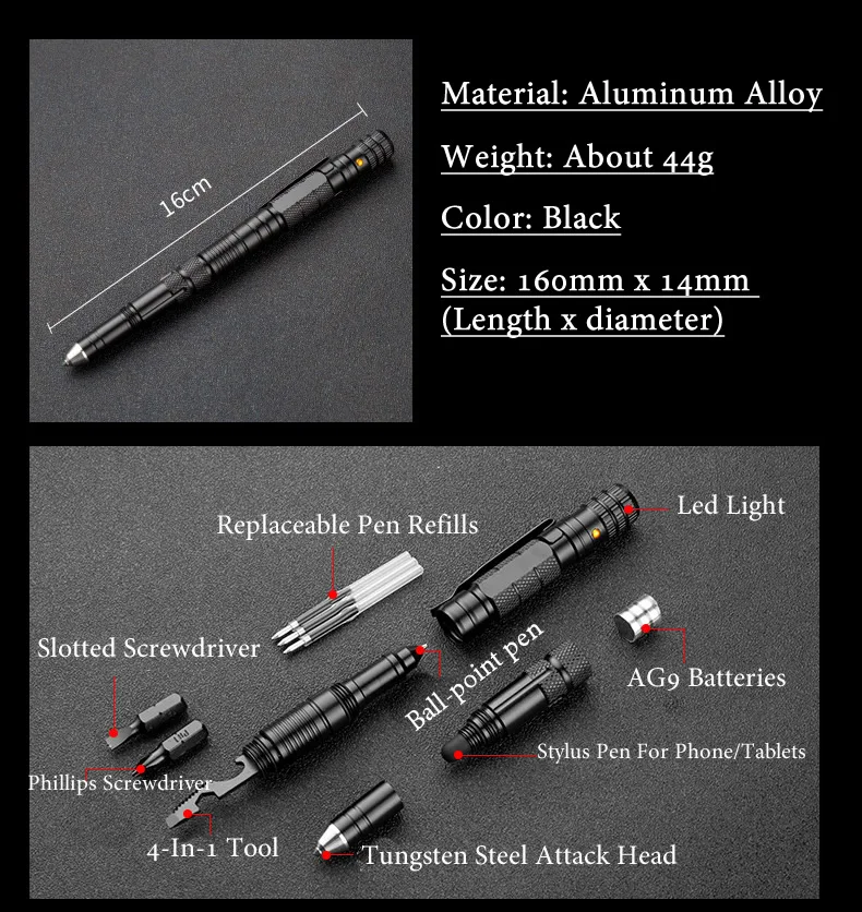 Multi Function Tactical Pen Emergency Flashlight Screwdriver Bottle Opener Window Breaker Outdoor Survival Self Rescue EDC Tool