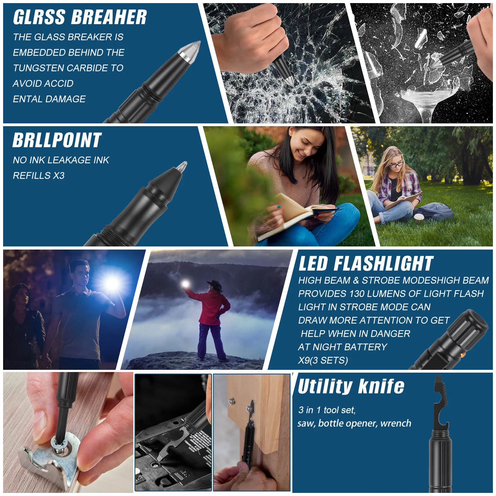 Multi Function Tactical Pen Emergency Flashlight Screwdriver Bottle Opener Window Breaker Outdoor Survival Self Rescue EDC Tool
