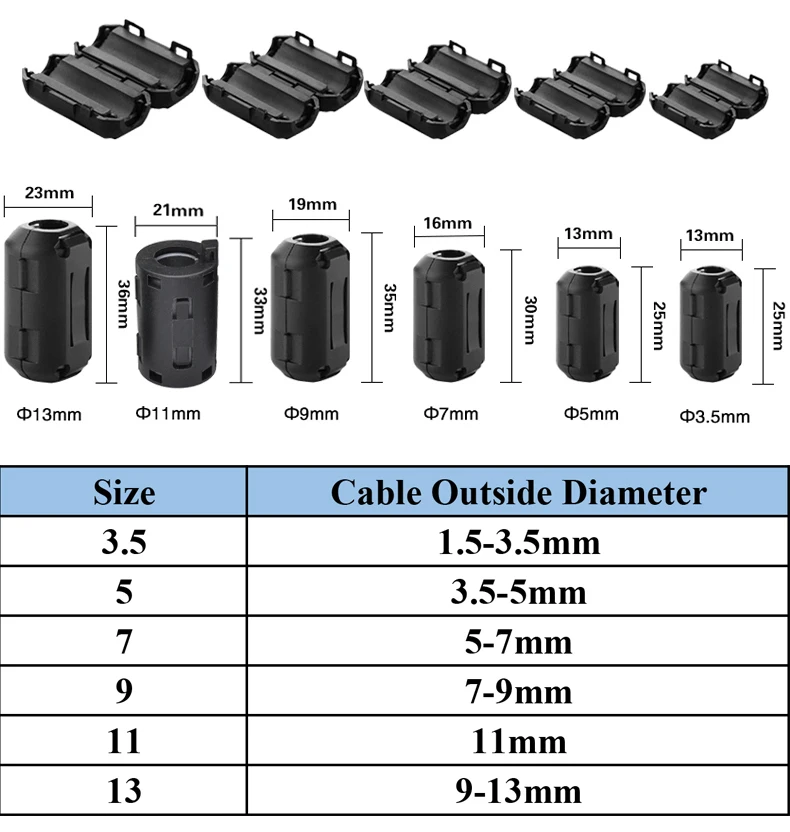 3.5mm 5mm 7mm 9mm 11mm 13mm Black NI-ZN Anti-Jamming Toroidal Clip-on Clamp RFI EMI Noise Magnetic Filter Cable Ferrite Core