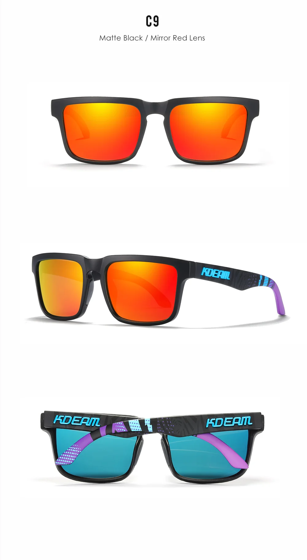KDEAM Classic Square Sunglasses Men Women Category 3 Polarized Sun Glasses Unique Frame Surface Eyewear With Case Box KD332