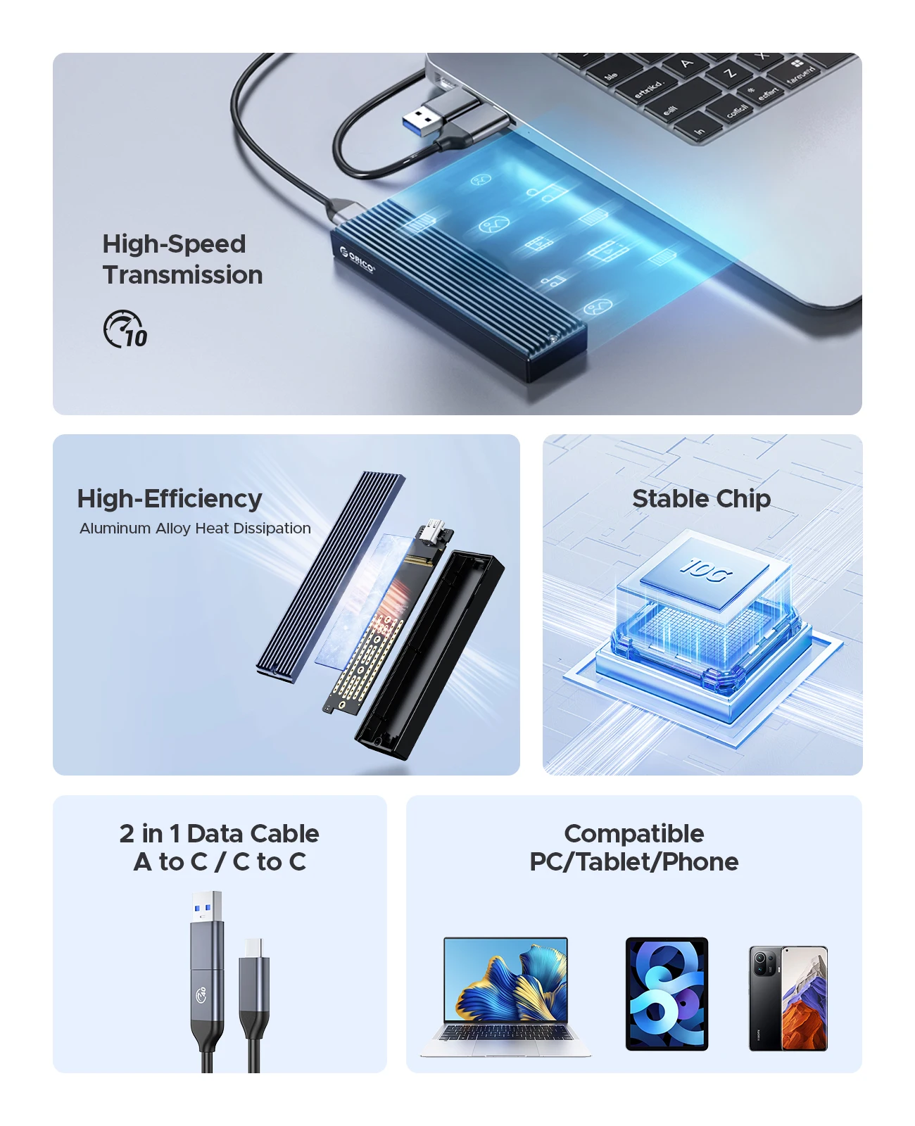 ORICO M2 SSD Case NVMe USB Type C Gen2 10Gbps PCIe SSD Case M2 SATA NGFF 5Gbps M.2 NVME Enclosure Disk Box M.2 SSD Case