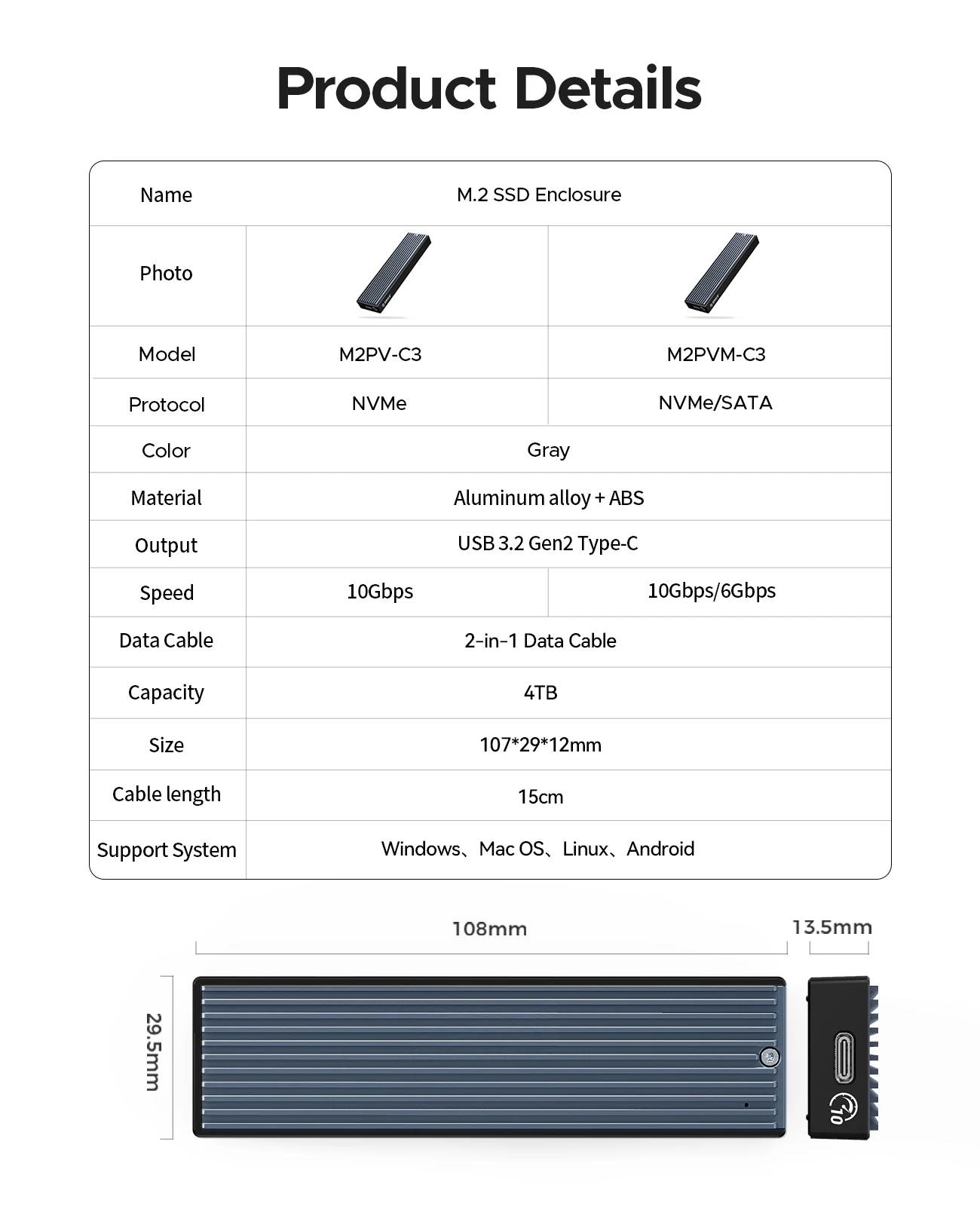 ORICO M2 SSD Case NVMe USB Type C Gen2 10Gbps PCIe SSD Case M2 SATA NGFF 5Gbps M.2 NVME Enclosure Disk Box M.2 SSD Case