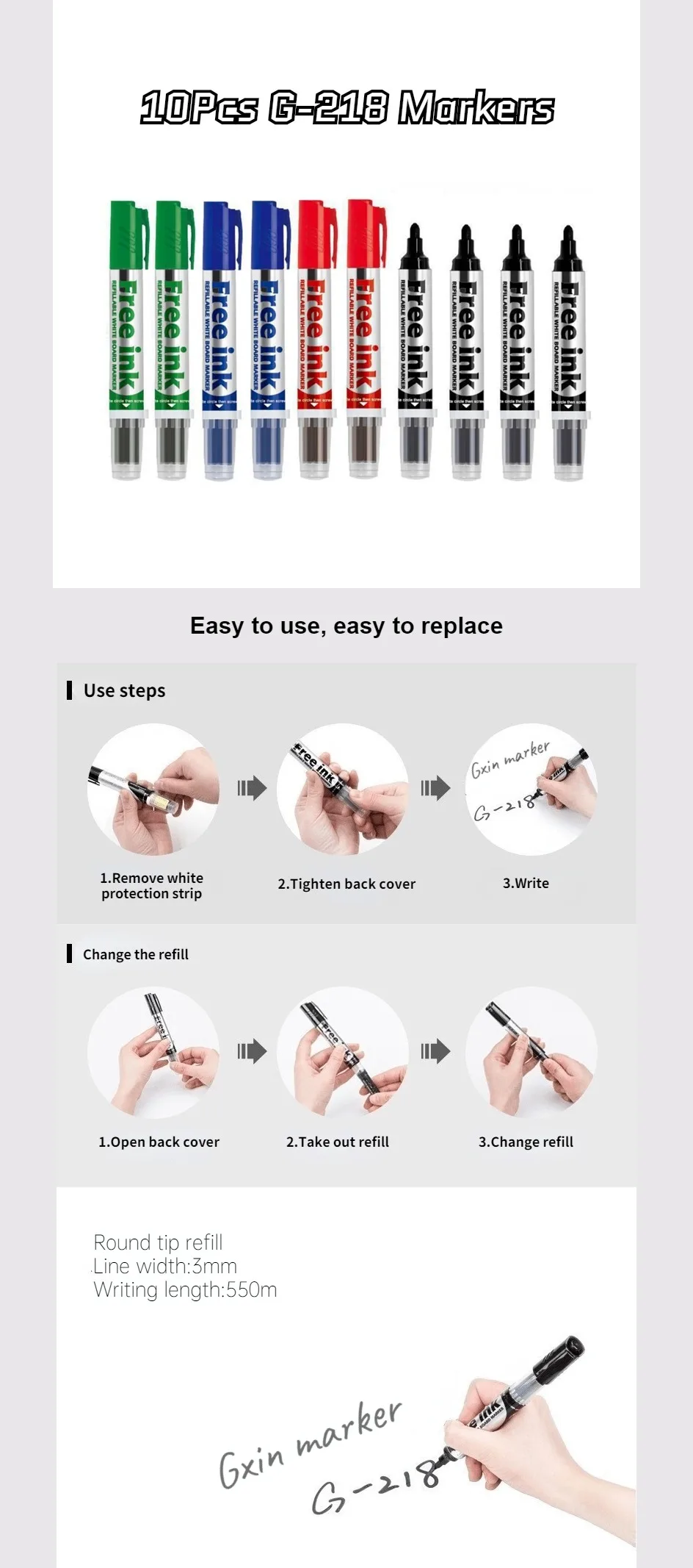 GXIN G18T 24Pcs Erasable Dry Erase Marker Refills Office Supplies School Use in Classroom Large Capacity Weatherproof Cartridge.