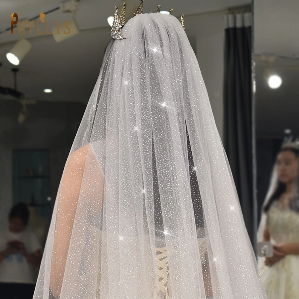 B58 White Champagne Wedding Veil Bling Bridal Veils Long 3M / 5M Veil Cathedral Bride Veils One Layer Shiny Veil with Comb