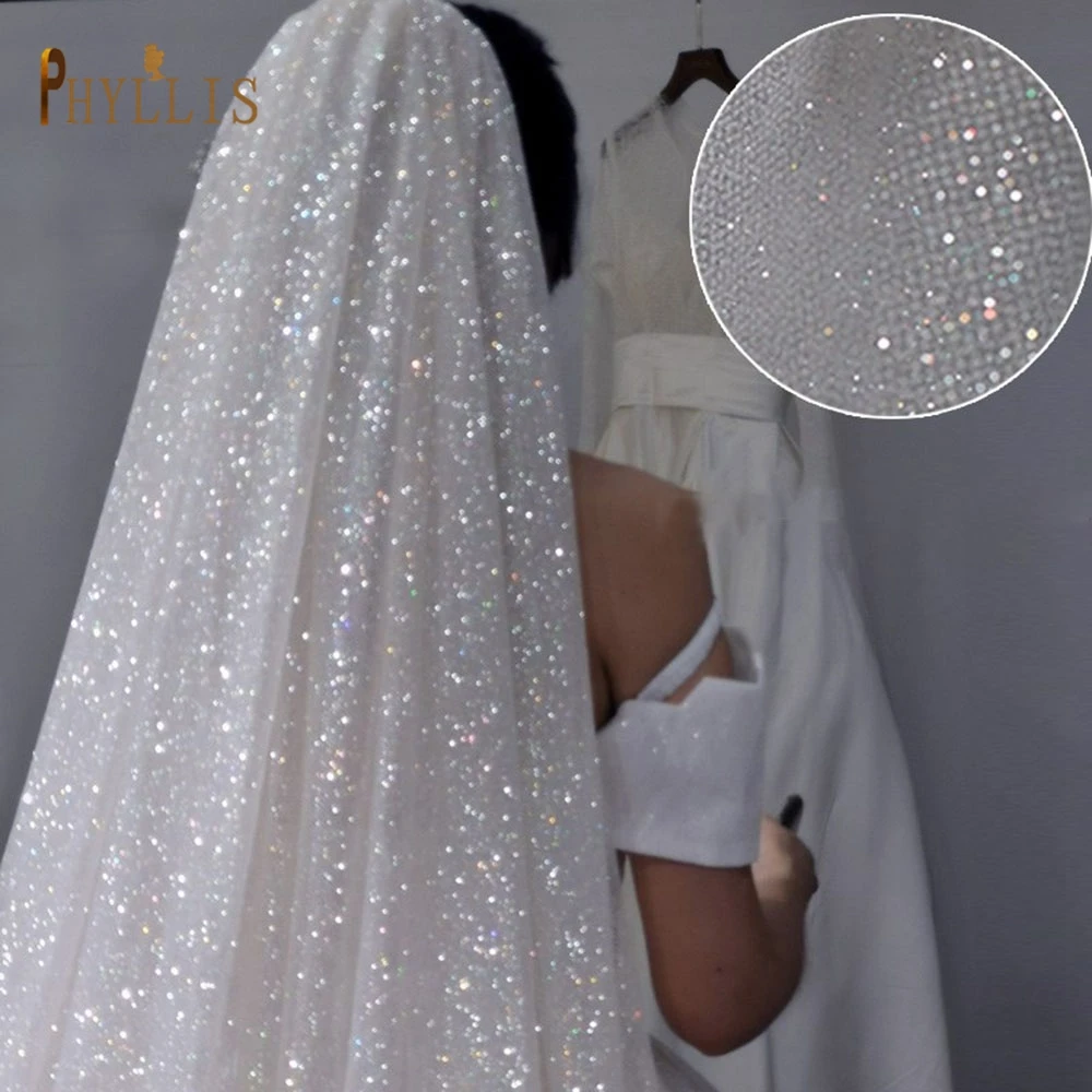 B58 White Champagne Wedding Veil Bling Bridal Veils Long 3M / 5M Veil Cathedral Bride Veils One Layer Shiny Veil with Comb
