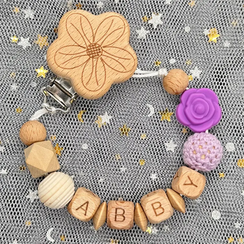 Custom Name Personalise Beech Baby Boy Girl Pacifier Clips Holder Chain Chew Silicone Crown Infant Newborn Teether Teething Gift