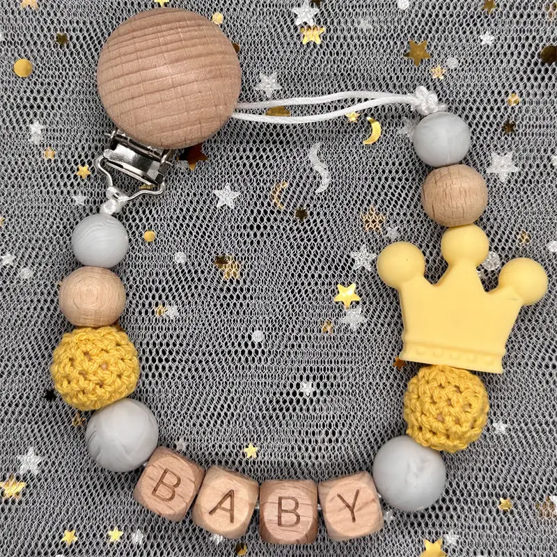 Custom Name Personalise Beech Baby Boy Girl Pacifier Clips Holder Chain Chew Silicone Crown Infant Newborn Teether Teething Gift