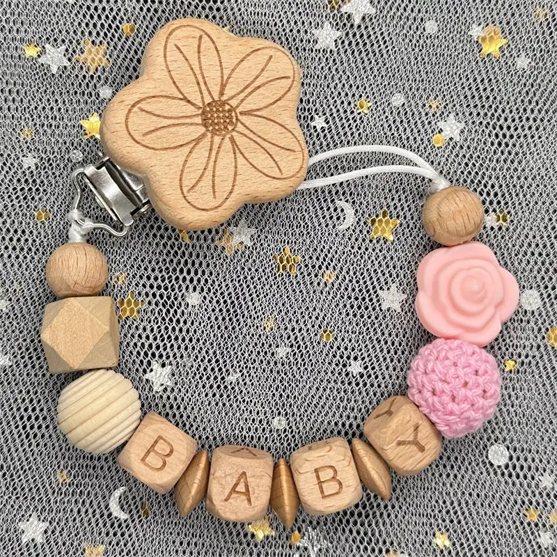 Custom Name Personalise Beech Baby Boy Girl Pacifier Clips Holder Chain Chew Silicone Crown Infant Newborn Teether Teething Gift