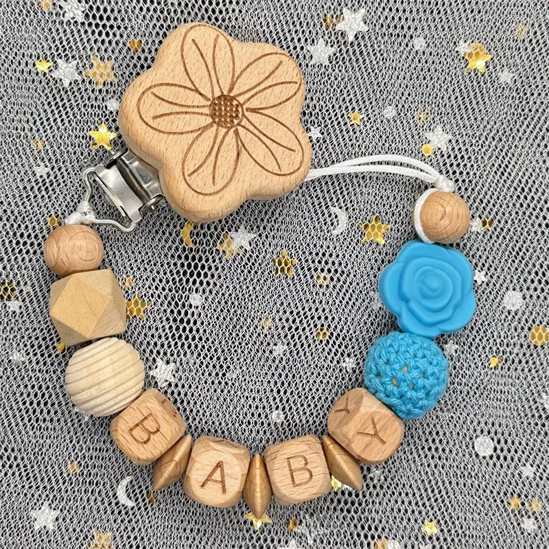 Custom Name Personalise Beech Baby Boy Girl Pacifier Clips Holder Chain Chew Silicone Crown Infant Newborn Teether Teething Gift