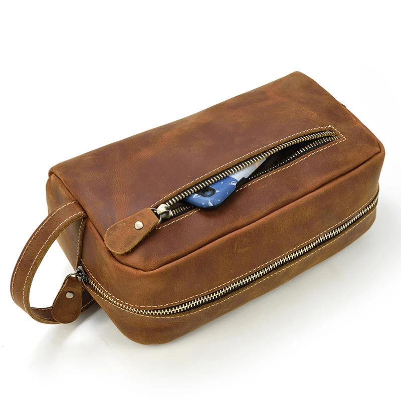 Cowhide Toiletry Bag Men Leather Cosmetic Bag Man Woman Wash Bag Storage Bags Genuine Leather Handbag For Make Up Dopp Kit Male