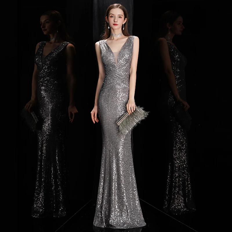 DEERVEADO Elegant V Neck Sequin Evening Dress Long Women's Mermaid Formal Dress Party Gown Bodycon Maxi Prom Dress