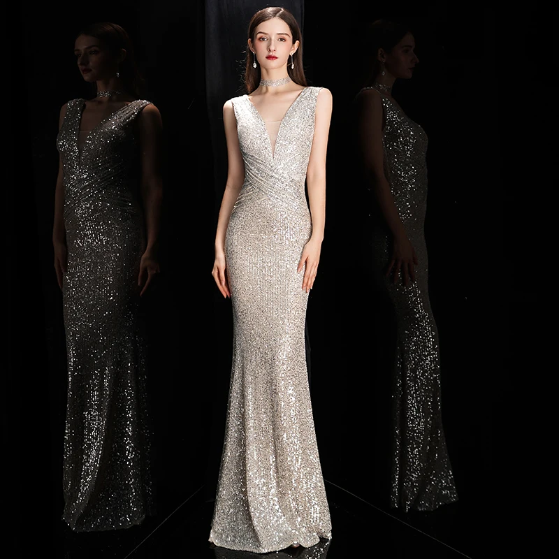 DEERVEADO Elegant V Neck Sequin Evening Dress Long Women's Mermaid Formal Dress Party Gown Bodycon Maxi Prom Dress