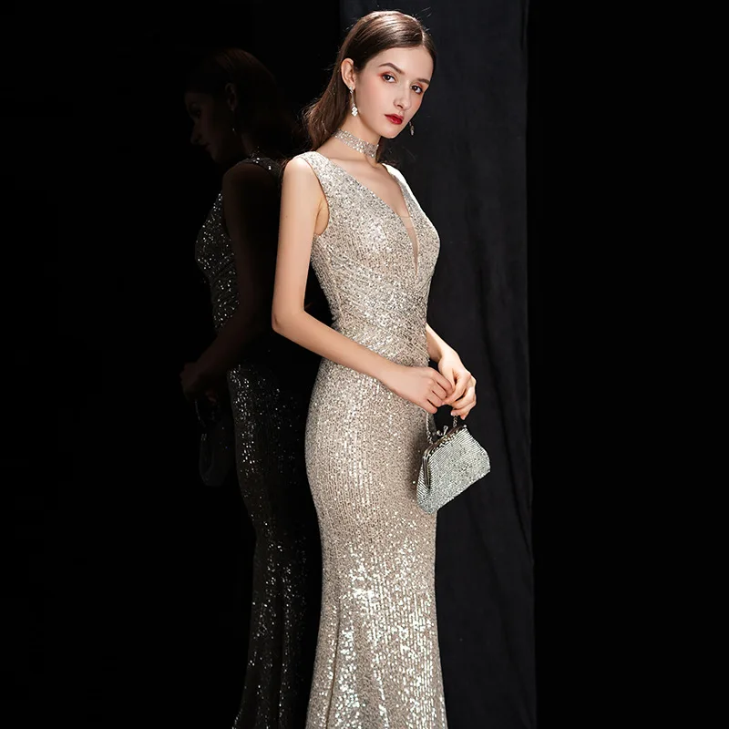 DEERVEADO Elegant V Neck Sequin Evening Dress Long Women's Mermaid Formal Dress Party Gown Bodycon Maxi Prom Dress