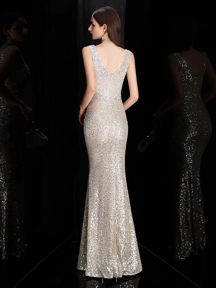 DEERVEADO Elegant V Neck Sequin Evening Dress Long Women's Mermaid Formal Dress Party Gown Bodycon Maxi Prom Dress