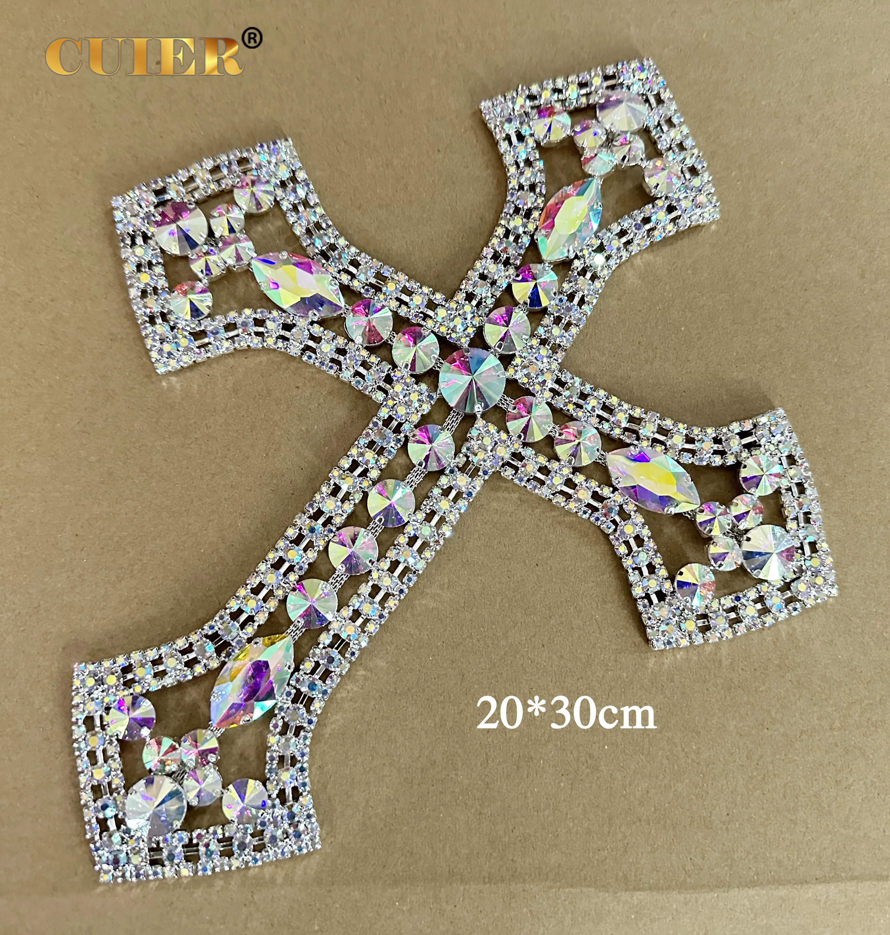 CUIER 12.5' Huge Cross Patches with Rhinestones AB Glass Appliques Crystal Sewing Accessories Glass Gem DIY Sew on Big Size