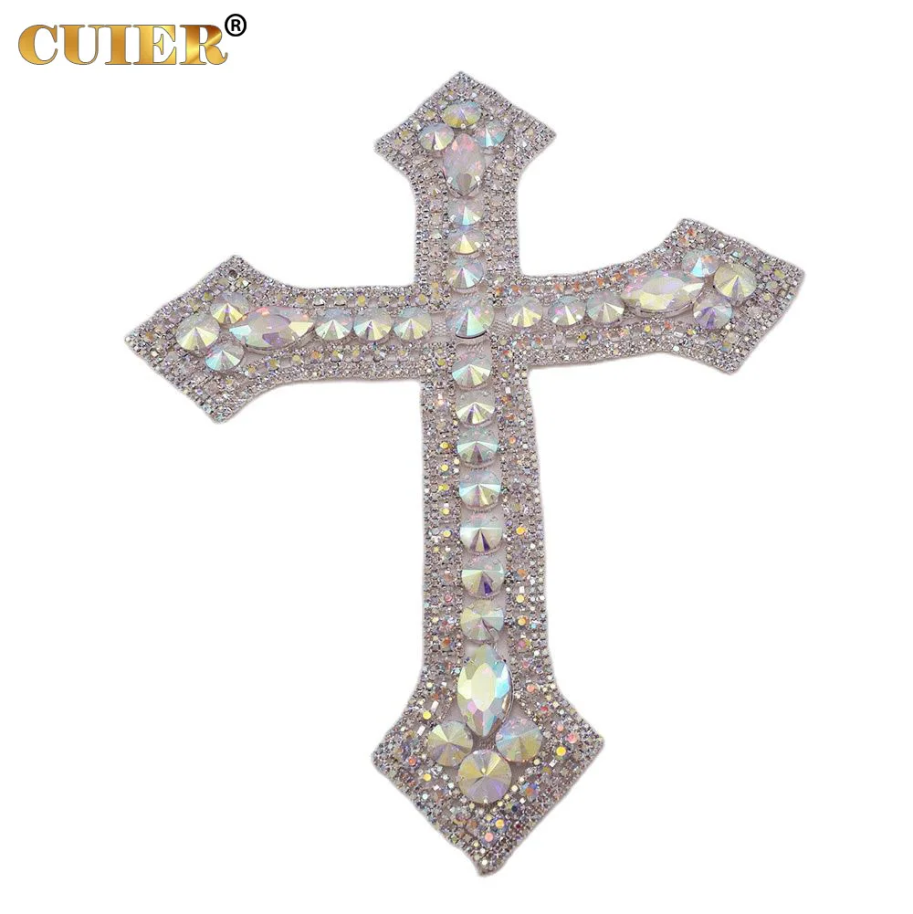 CUIER 12.5' Huge Cross Patches with Rhinestones AB Glass Appliques Crystal Sewing Accessories Glass Gem DIY Sew on Big Size