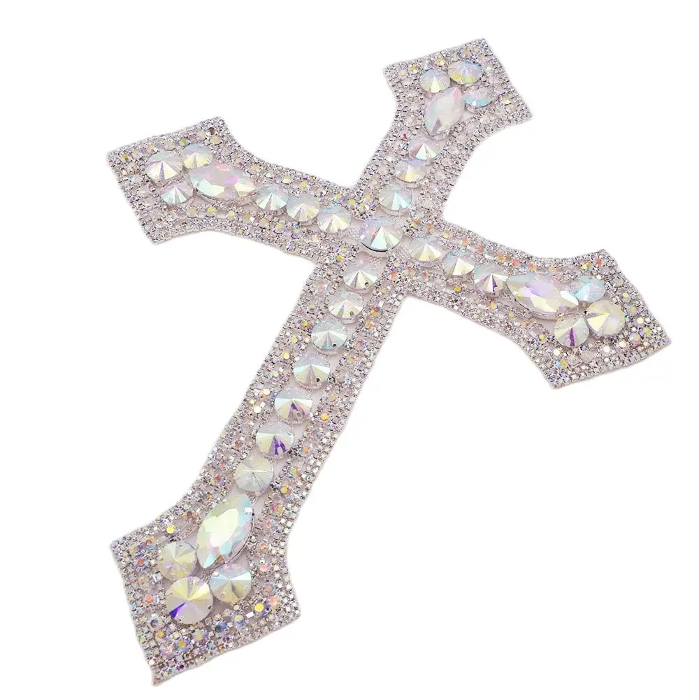 CUIER 12.5' Huge Cross Patches with Rhinestones AB Glass Appliques Crystal Sewing Accessories Glass Gem DIY Sew on Big Size