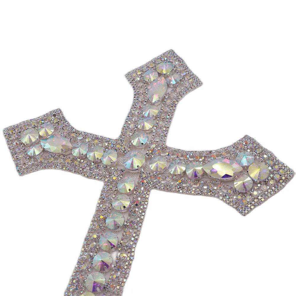 CUIER 12.5' Huge Cross Patches with Rhinestones AB Glass Appliques Crystal Sewing Accessories Glass Gem DIY Sew on Big Size