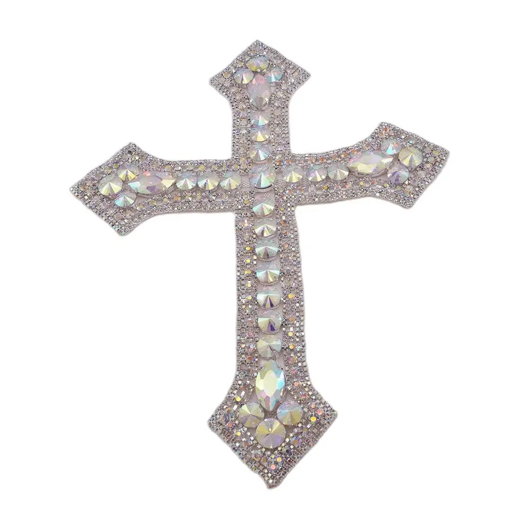 CUIER 12.5' Huge Cross Patches with Rhinestones AB Glass Appliques Crystal Sewing Accessories Glass Gem DIY Sew on Big Size