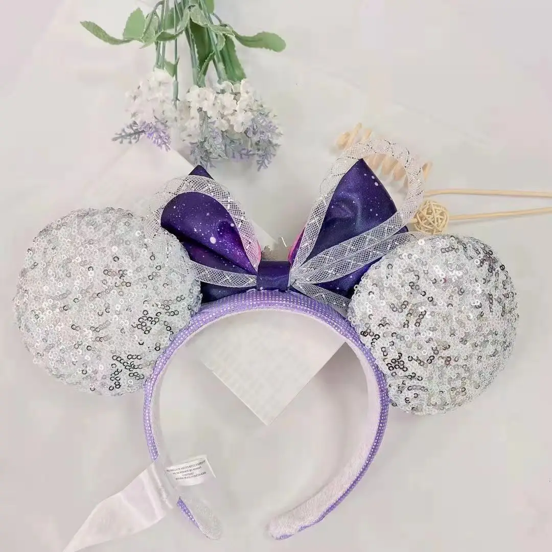 New Disney Mickey Mouse Ears Headband Space mountain Lunar New Year Minnie Bow Pink Sequins Cartoon Anime Headdress Headband Gif
