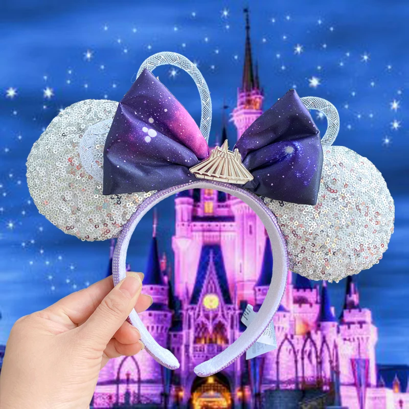 New Disney Mickey Mouse Ears Headband Space mountain Lunar New Year Minnie Bow Pink Sequins Cartoon Anime Headdress Headband Gif