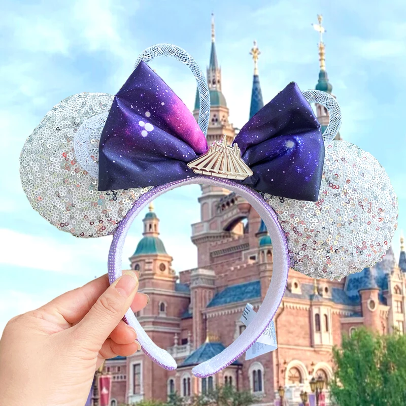 New Disney Mickey Mouse Ears Headband Space mountain Lunar New Year Minnie Bow Pink Sequins Cartoon Anime Headdress Headband Gif